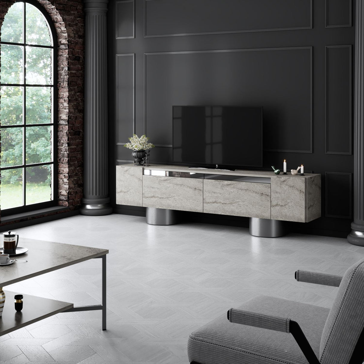 TV Meubel Travertijn Bohem 180x50x30 - Zilver Frame