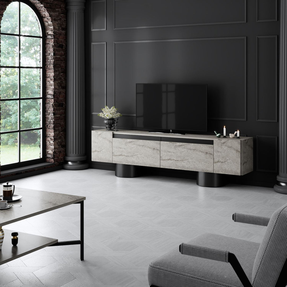 TV Meubel Travertijn Bohem 180x50x30 - Zwart Frame