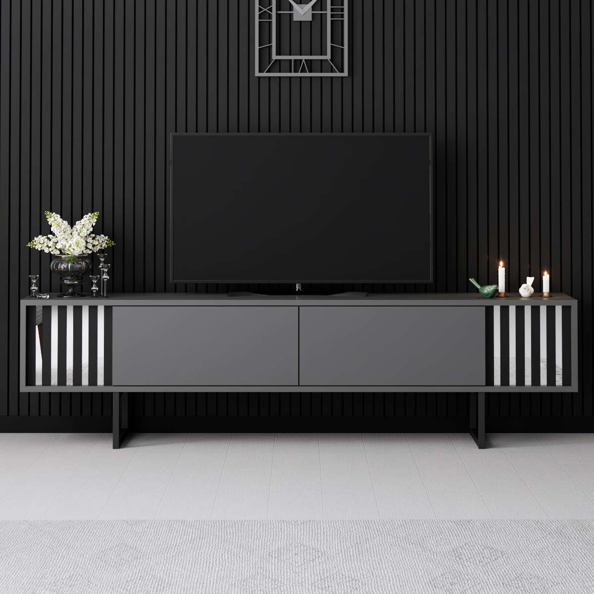 TV Meubel Antraciet Chrome Line 180x48x30 - Zwart Frame