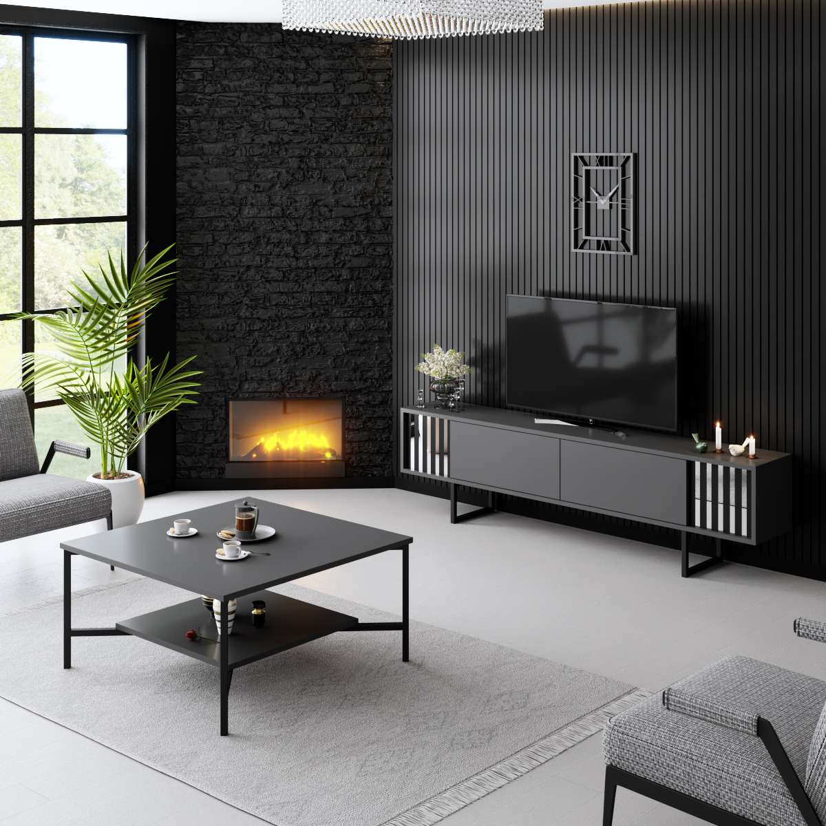 TV Meubel Antraciet Chrome Line 180x48x30 - Zwart Frame