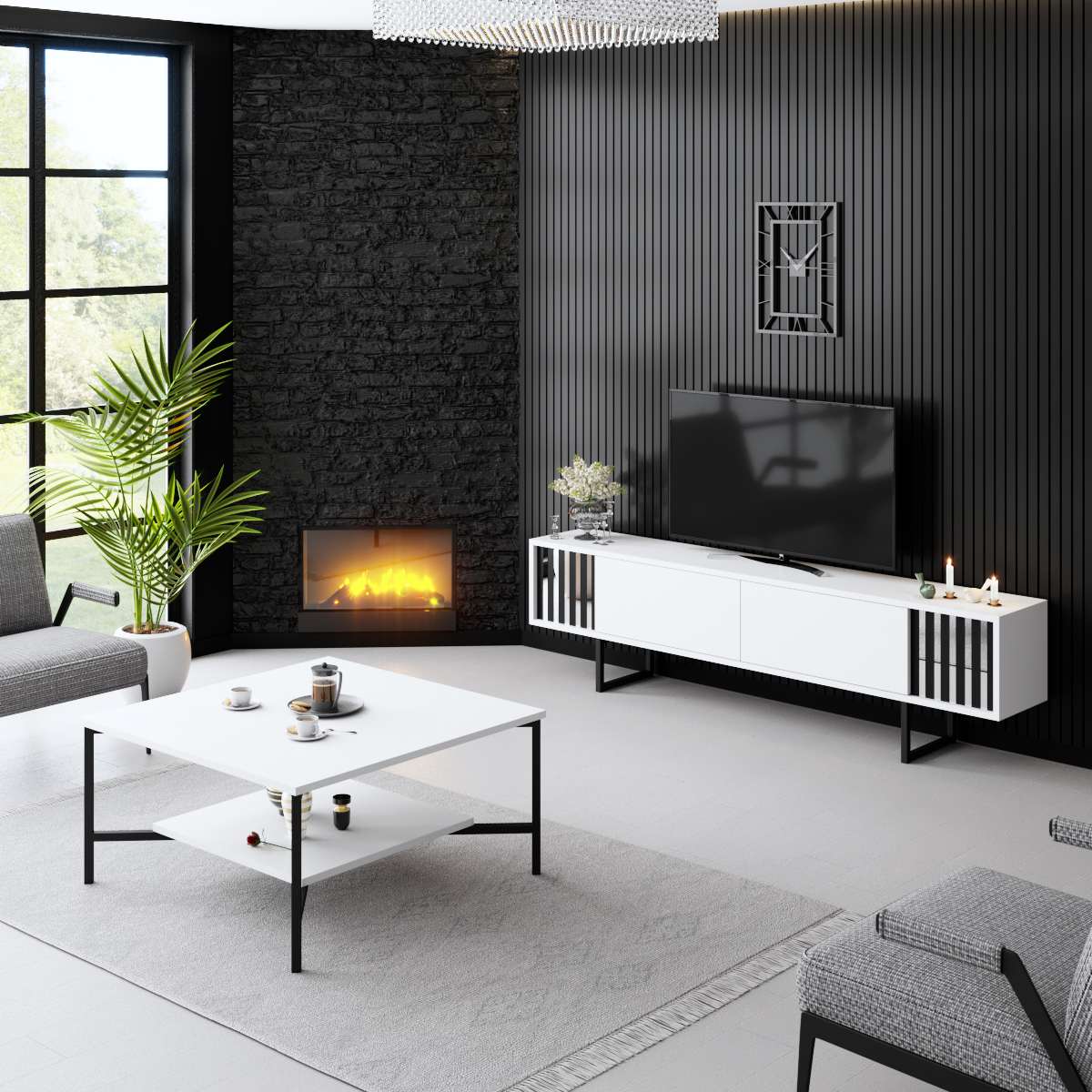 TV Meubel Wit Chrome Line 180x48x30 - Zwart Frame