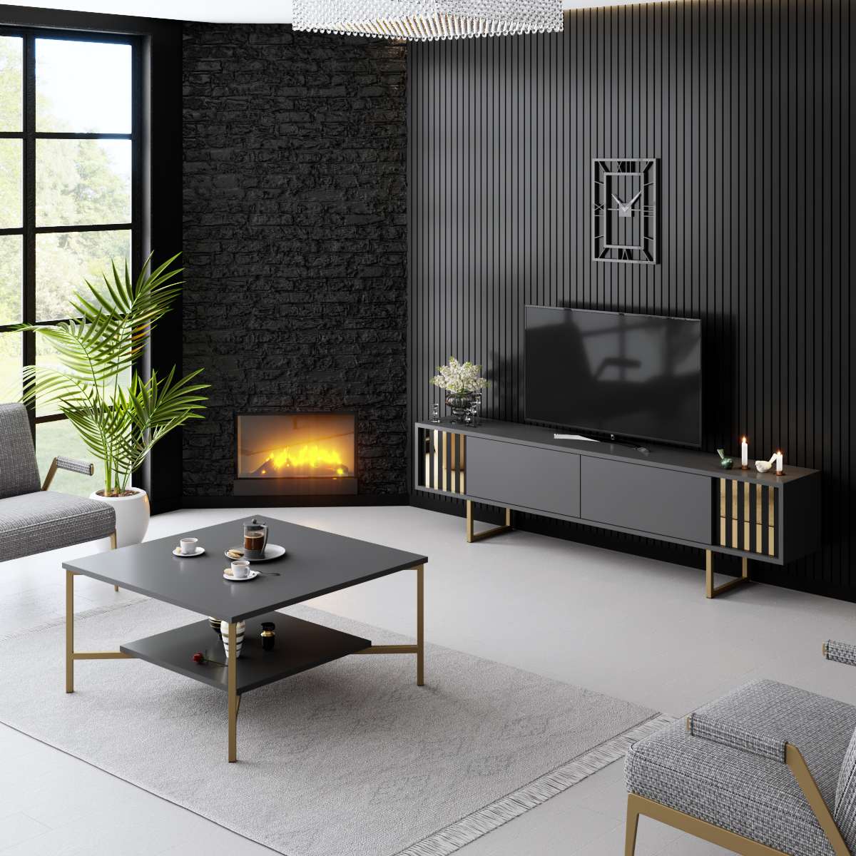 TV Meubel Antraciet Gold Line 180x48x30 - Gouden Frame