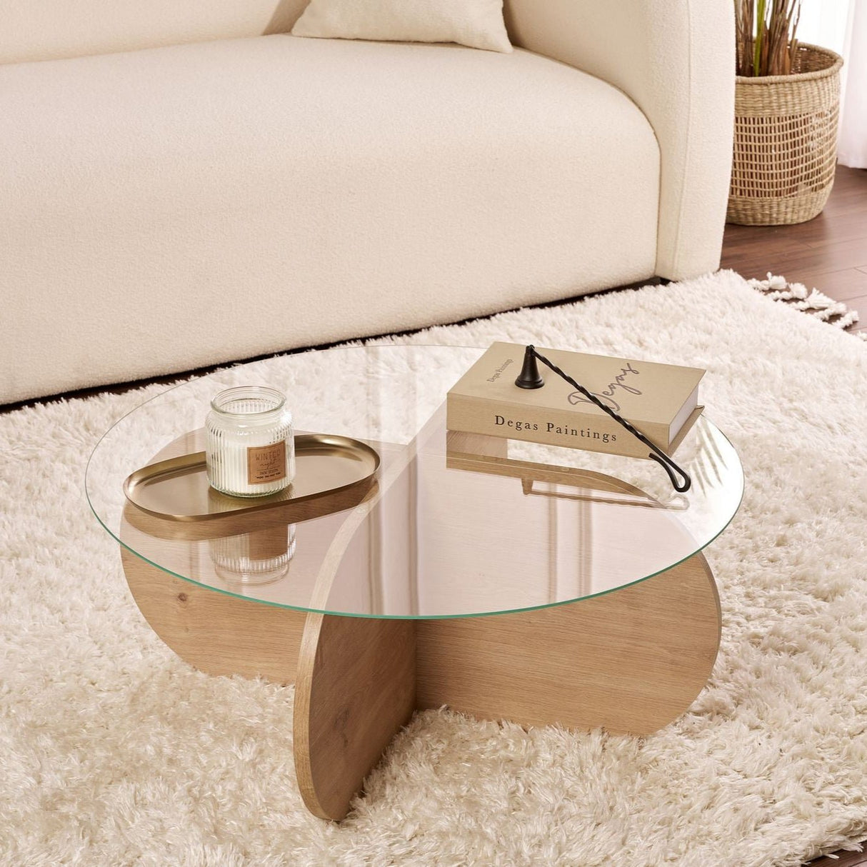 Salontafel Aris Rond 75 cm Glas - Melamine Eikenhout