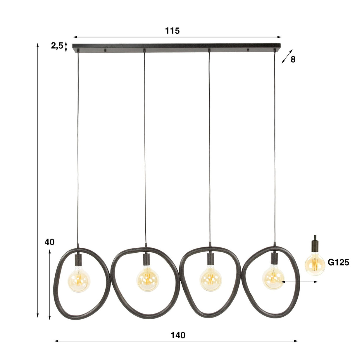 Hanglamp Nova 4-lichts Zwart Metaal 140 cm