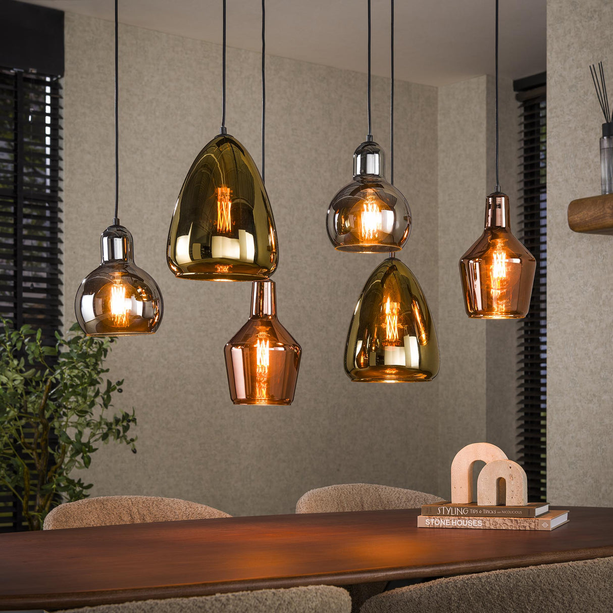 Industriële Hanglamp Pam Gekleurd Glas Gemixt 6-Lichts