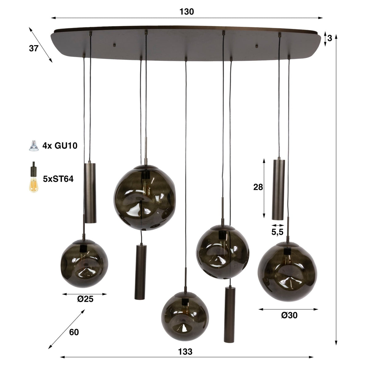 Hanglamp Stellar in sienna bruin met 9 lichtpunten