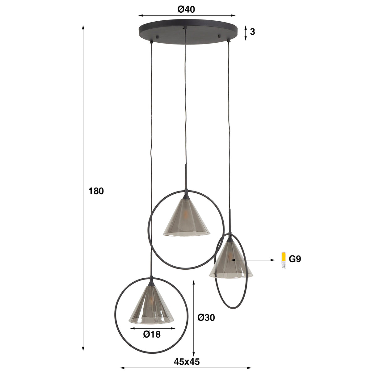Hanglamp Niaz 3-lichts tapse kap getrapt smoke grey glas