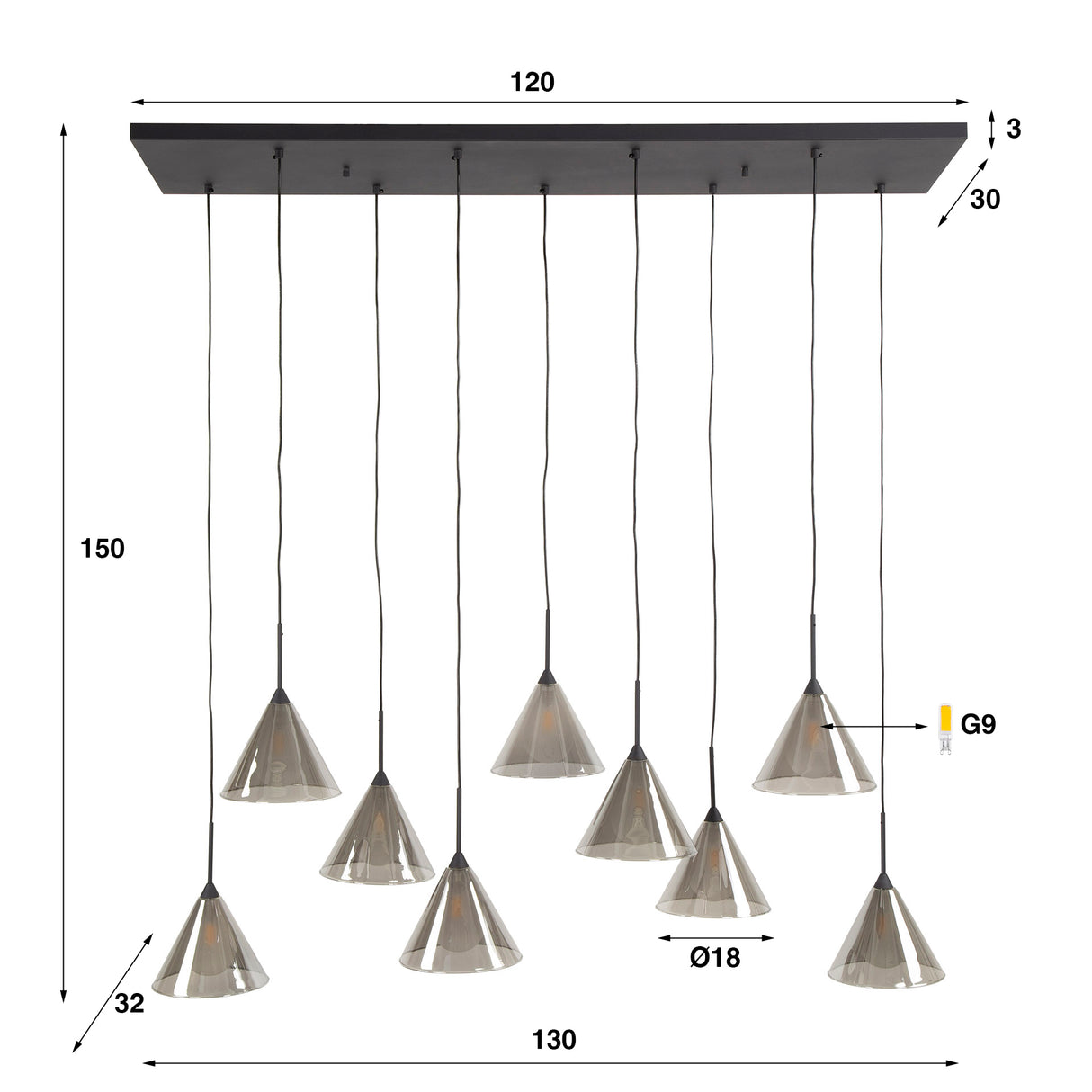 Hanglamp Niaz 7-lichts tapse kap smoke grey glas