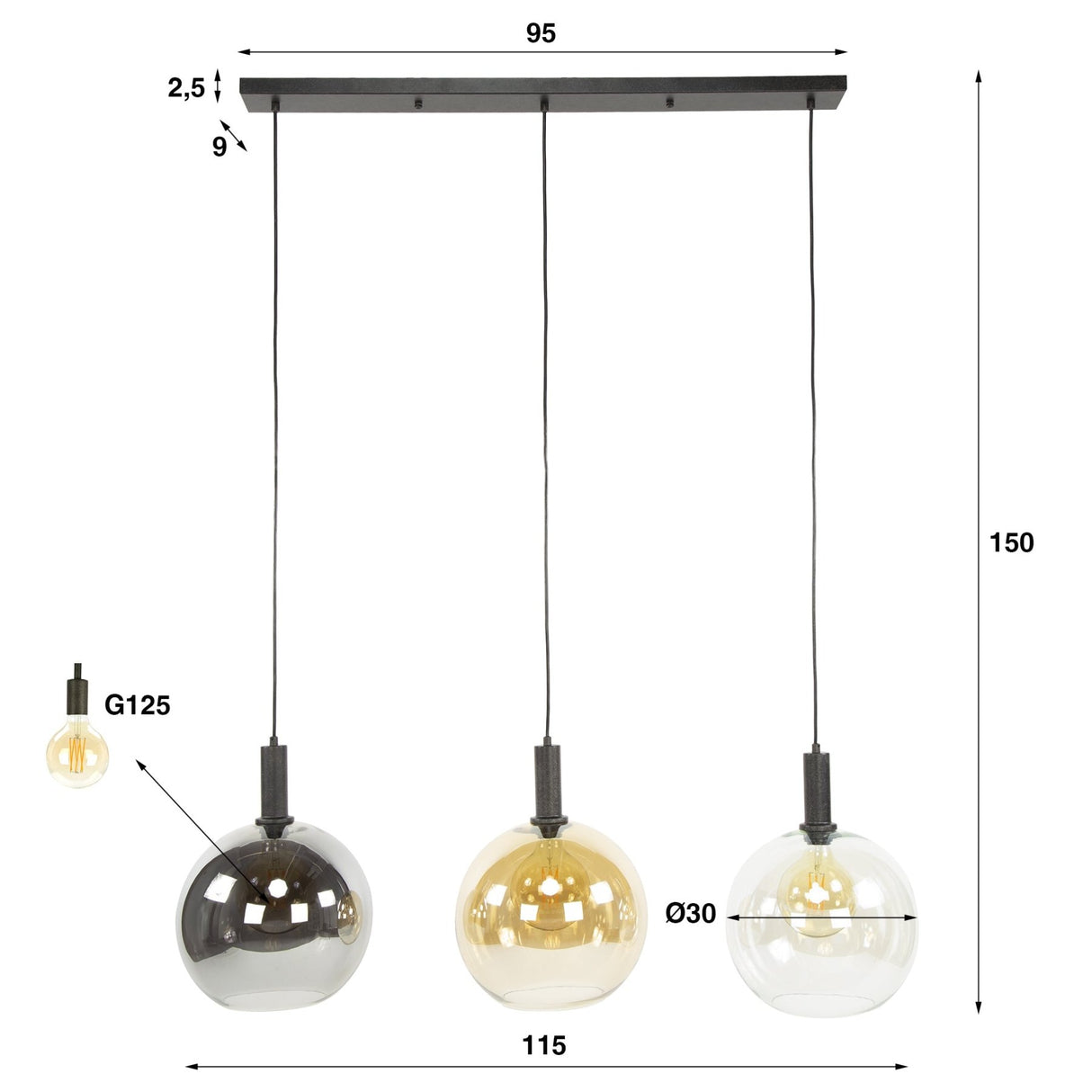 Hanglamp Valeo Trio 3-lichts Zwart Metaal 115 cm