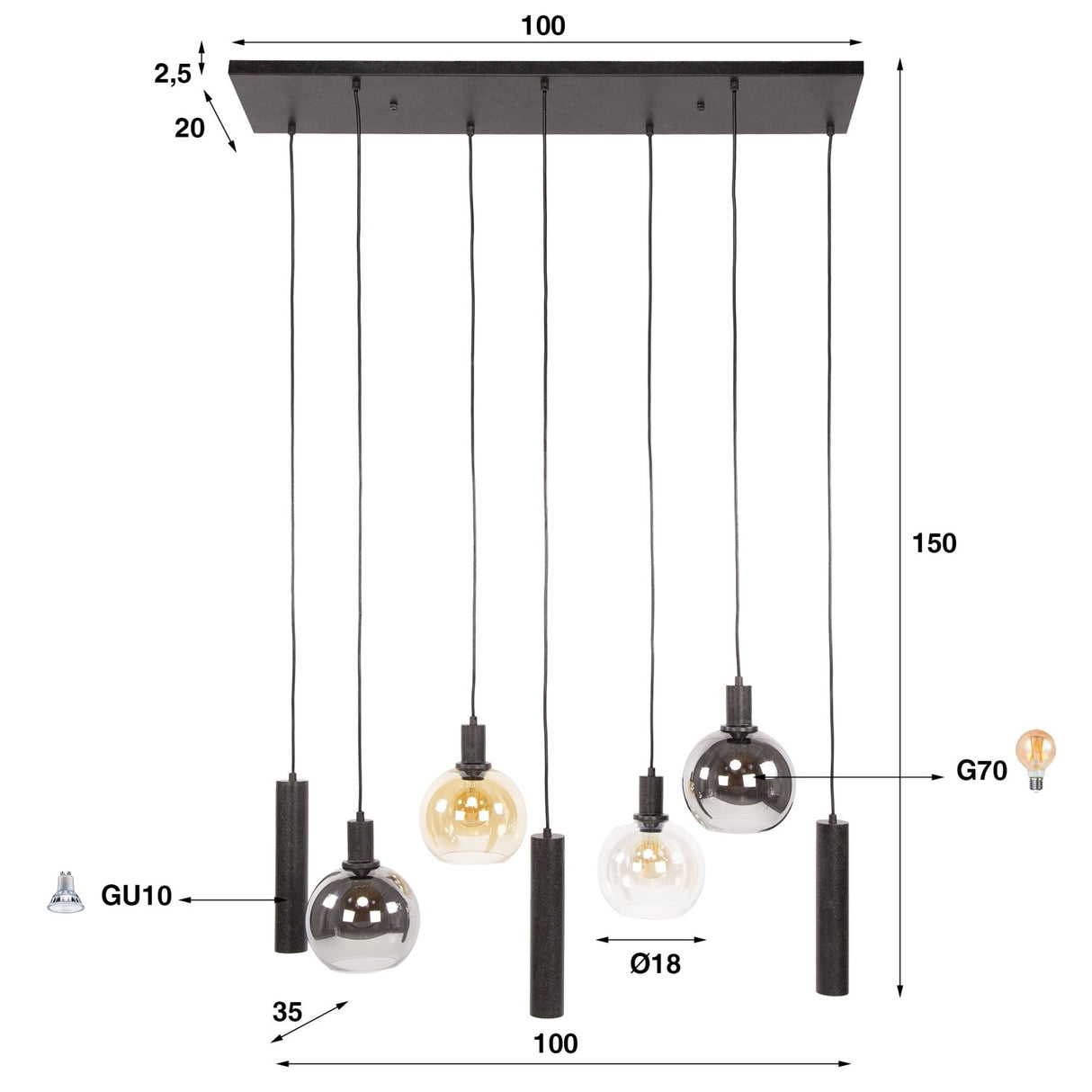 Hanglamp Valeo 7-lichts Zwart Metaal 110 cm