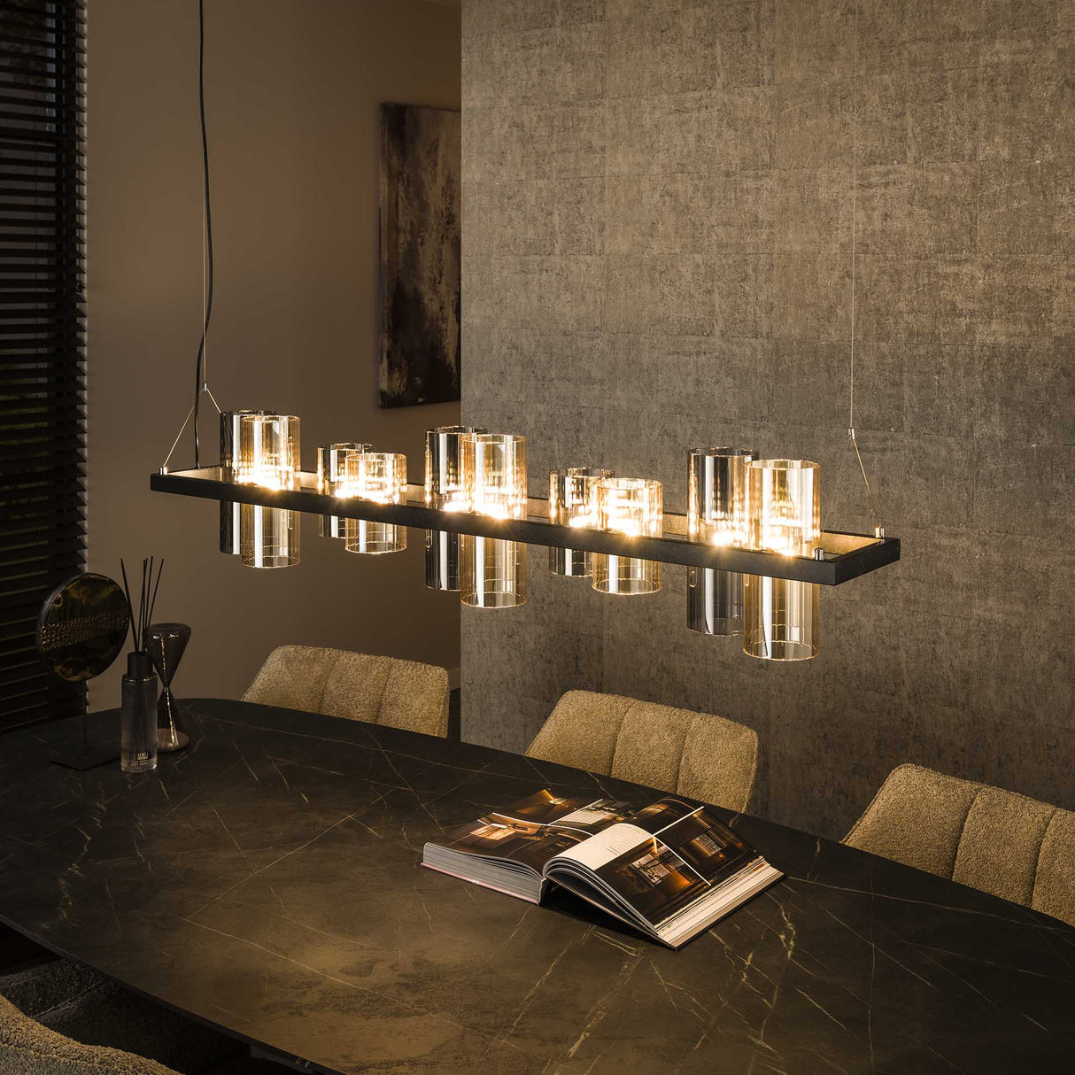 Hanglamp Khai 10-lichts cilinder gemixt glas