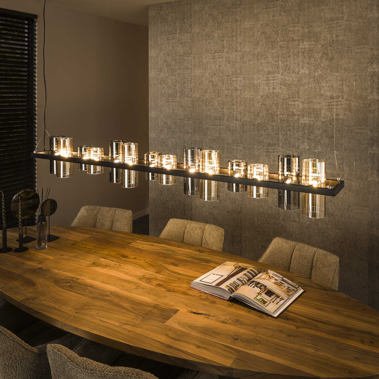 Hanglamp Khai 14-lichts cilinder gemixt glas