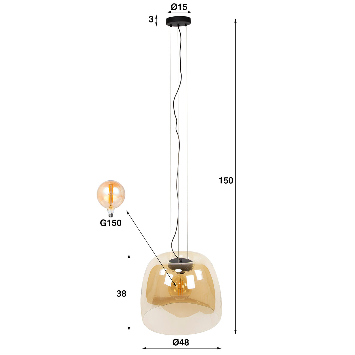 Hanglamp Dain 1-lichts XL amberkleurig glas