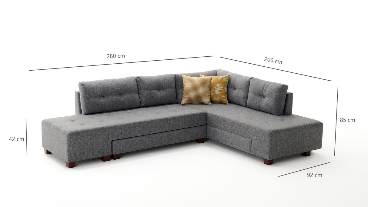 Slaapbank grijs stof - XL 280x206 cm - met wielen - Rechts - Manama