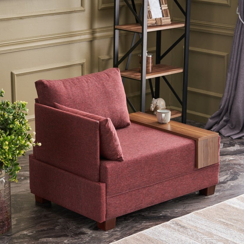 Moderne Fauteuil Bordeaux Rood Stof Fly - Links - Met Houten Tafeltje