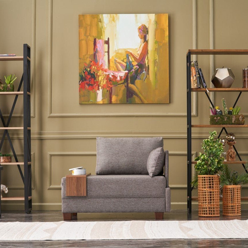 Moderne Fauteuil Bruin Stof Fly - Rechts - Met Houten Tafeltje