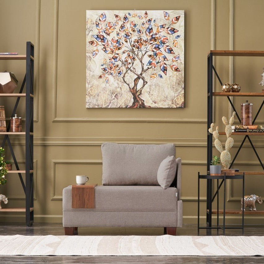 Moderne Fauteuil Beige Stof Fly - Rechts - Met Houten Tafeltje