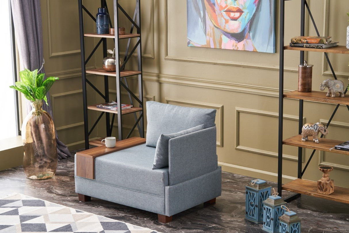 Moderne Fauteuil Blauw Stof Fly - Rechts - Met Houten Tafeltje