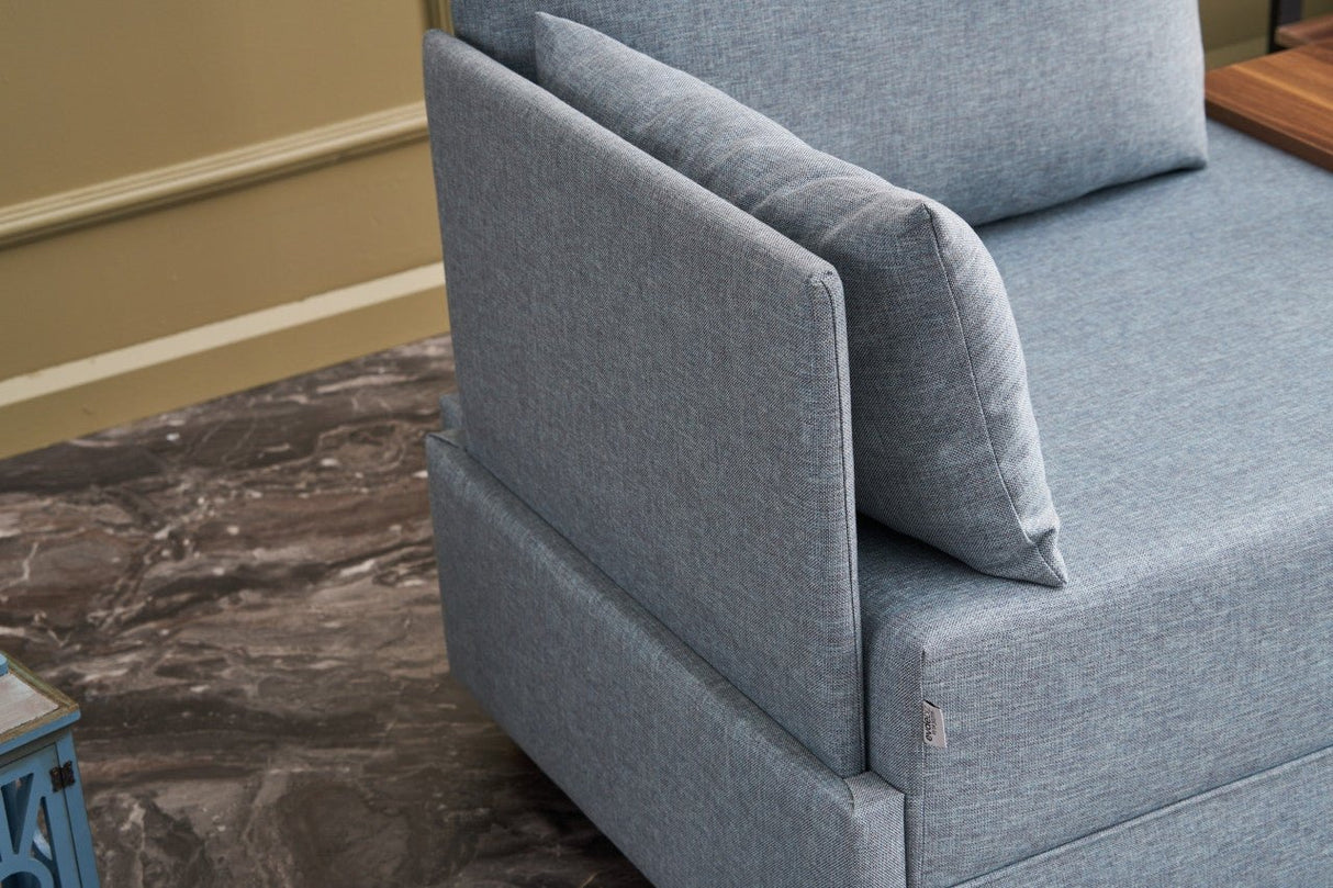 Moderne Fauteuil Blauw Stof Fly - Links - Met Houten Tafeltje