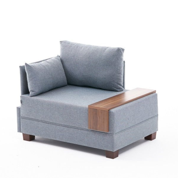 Moderne Fauteuil Blauw Stof Fly - Links - Met Houten Tafeltje