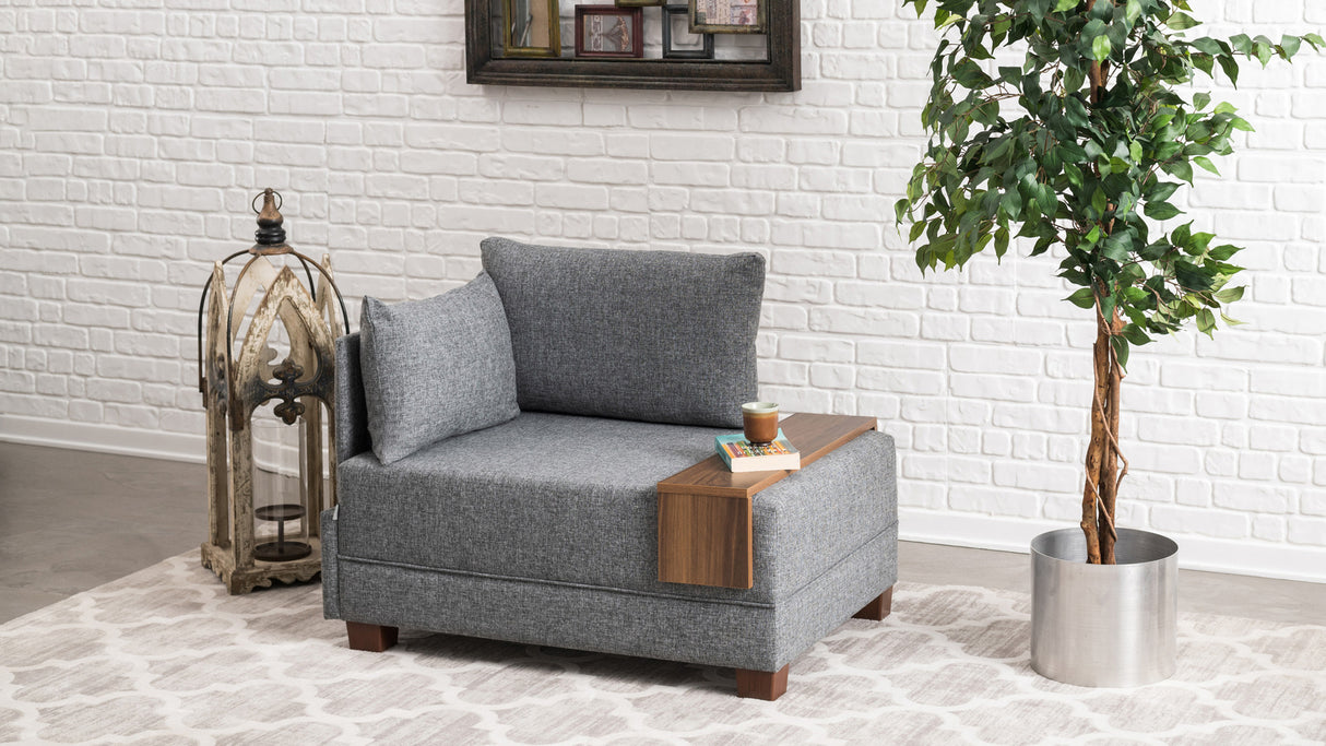 Moderne Fauteuil Grijs Stof Fly - Links - Met Houten Tafeltje