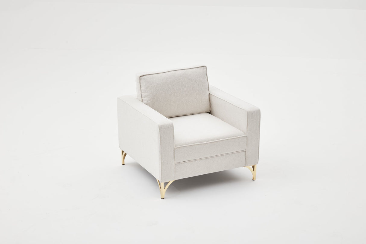 Moderne fauteuil crème bouclé stof met gouden stoelpoten Berlin