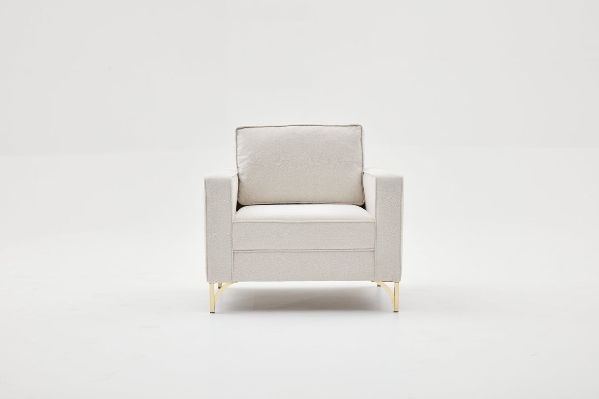 Moderne fauteuil crème bouclé stof met gouden stoelpoten Berlin