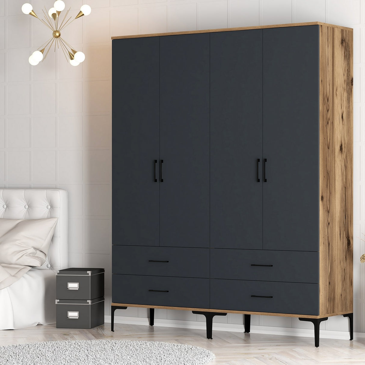Kledingkasten - Kledingkast Walnoot en Antraciet Melamine - hang en leg - 160x 200 x 47 cm - Kumsal - Dimehouse
