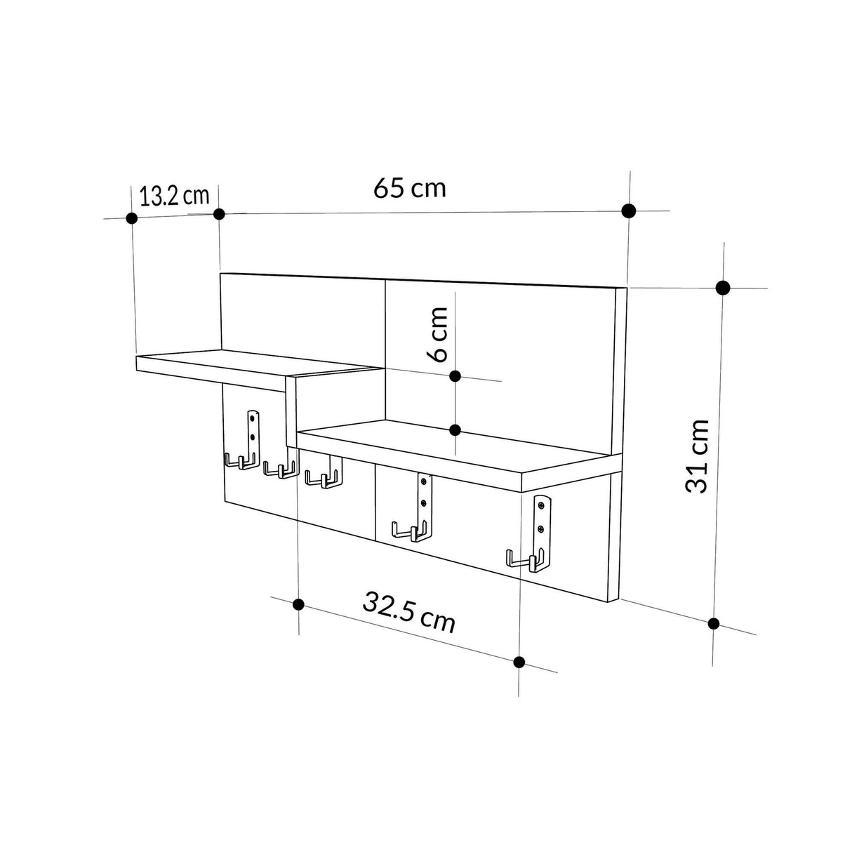 Kapstokken - Kapstok Eikenhout Melamine - 5 - Haaks Wit - 65 cm - Lagona - Dimehouse