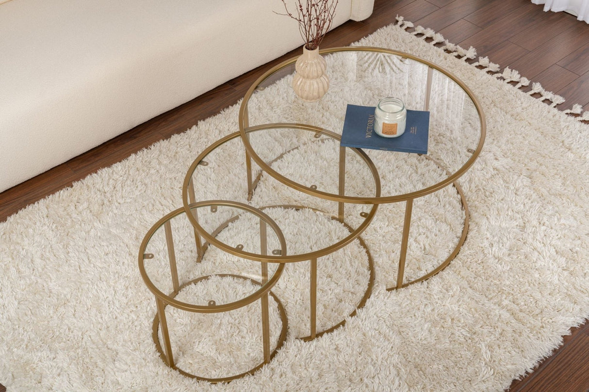Moderne Ronde Salontafel Set van 3 Uru Goud - Transparant Glas - 80/60/42 cm