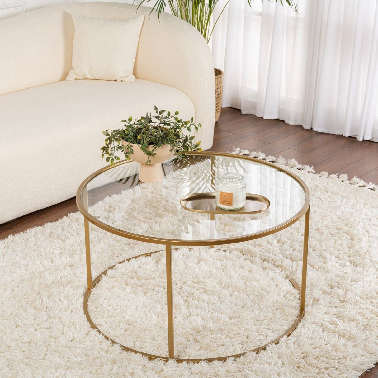 Moderne Ronde Salontafel Uru Goud - Glas - 80 cm