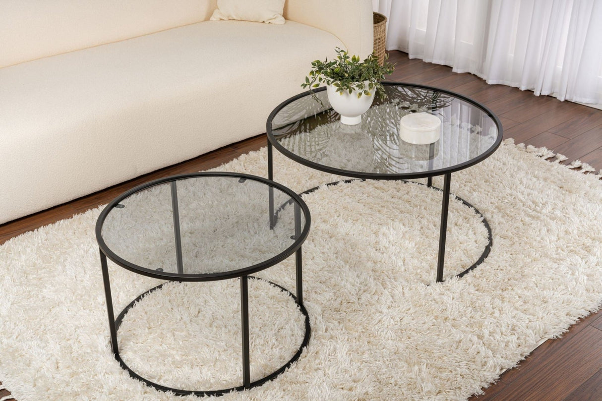 Salontafels - Moderne Ronde Salontafel Set van 2 Uru Zwart - Grijs Glas - 80/60 cm - Dimehouse