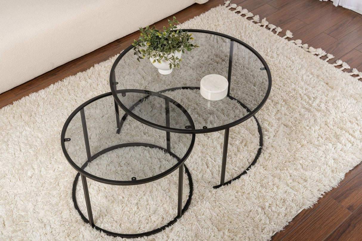 Salontafels - Moderne Ronde Salontafel Set van 2 Uru Zwart - Grijs Glas - 80/60 cm - Dimehouse