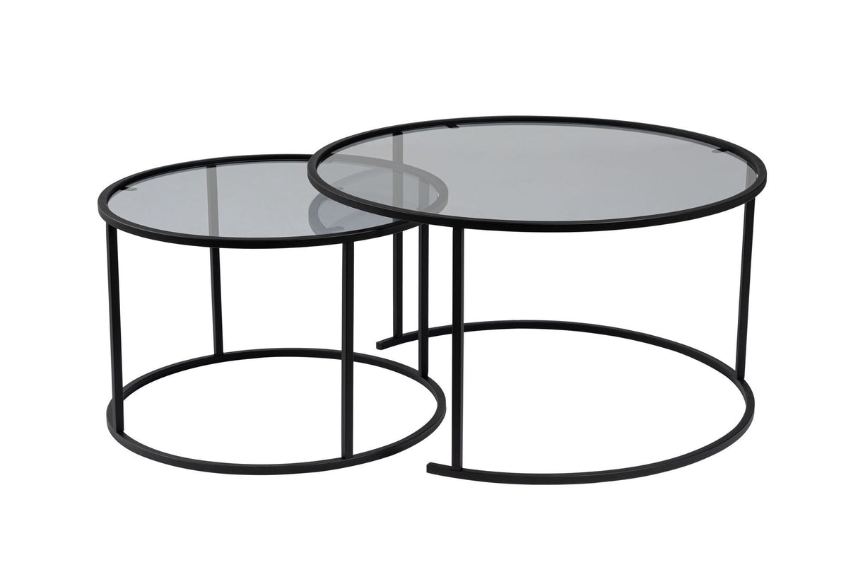 Salontafels - Moderne Ronde Salontafel Set van 2 Uru Zwart - Grijs Glas - 80/60 cm - Dimehouse