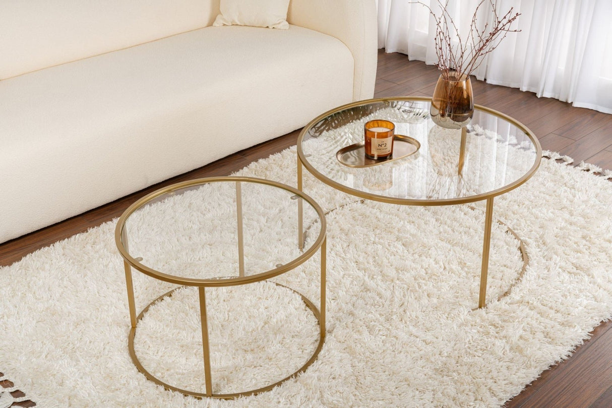 Salontafels - Moderne Ronde Salontafel Set van 2 Uru Goud - Transparant Glas - 80/60 cm - Dimehouse