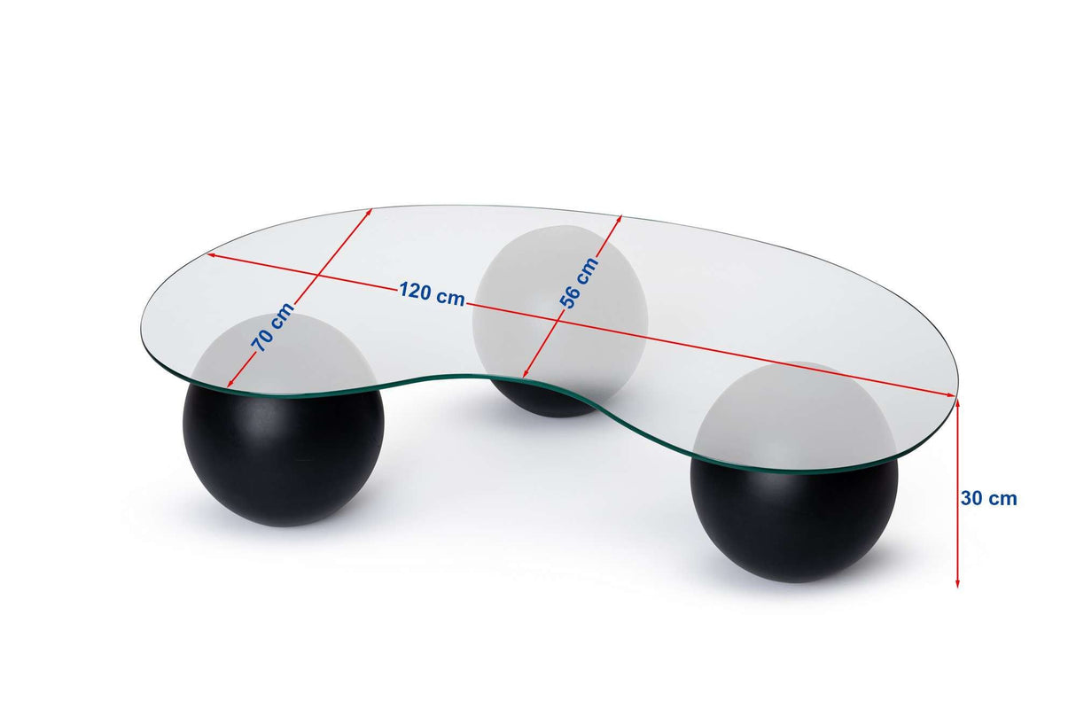 Organische salontafel brons getint glas zwarte bolpoten Sphere 120x70 cm