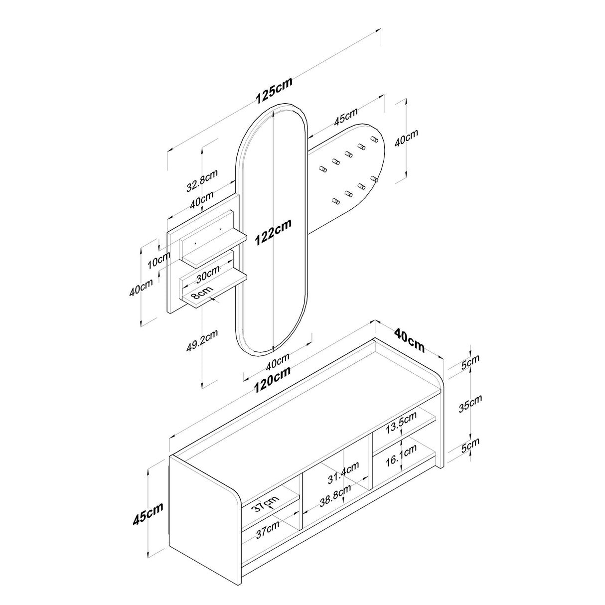 Meubelset Kapstok - Spiegel - Schoenenkast - Wit-Walnoot Melamine