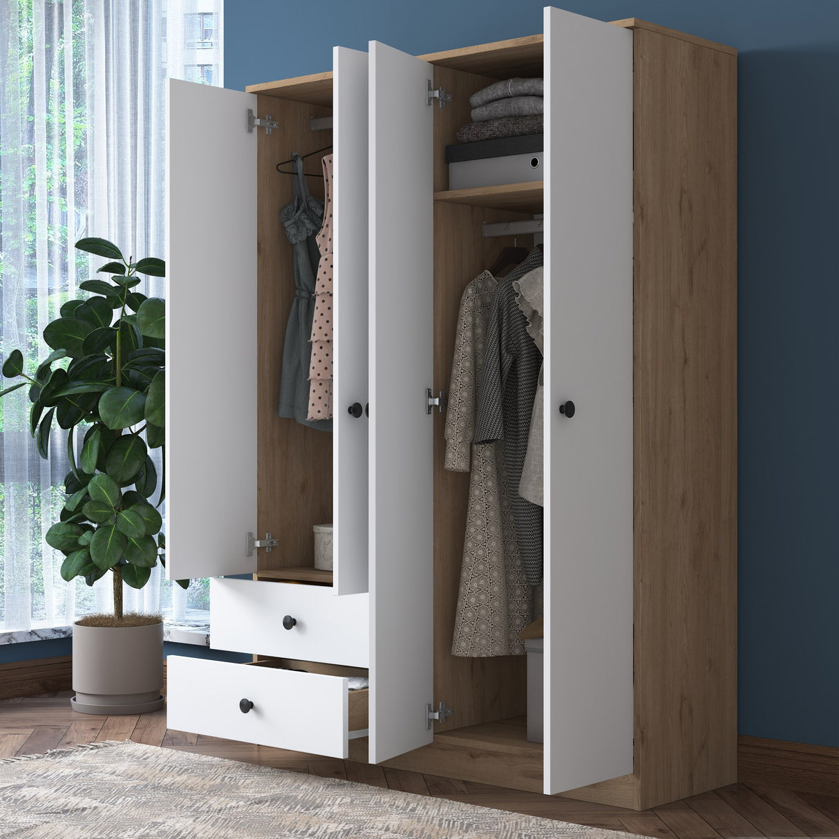 Kledingkast Walnoot Wit Melamine - Hang en leg - 120x170x42,5 cm - Aspen