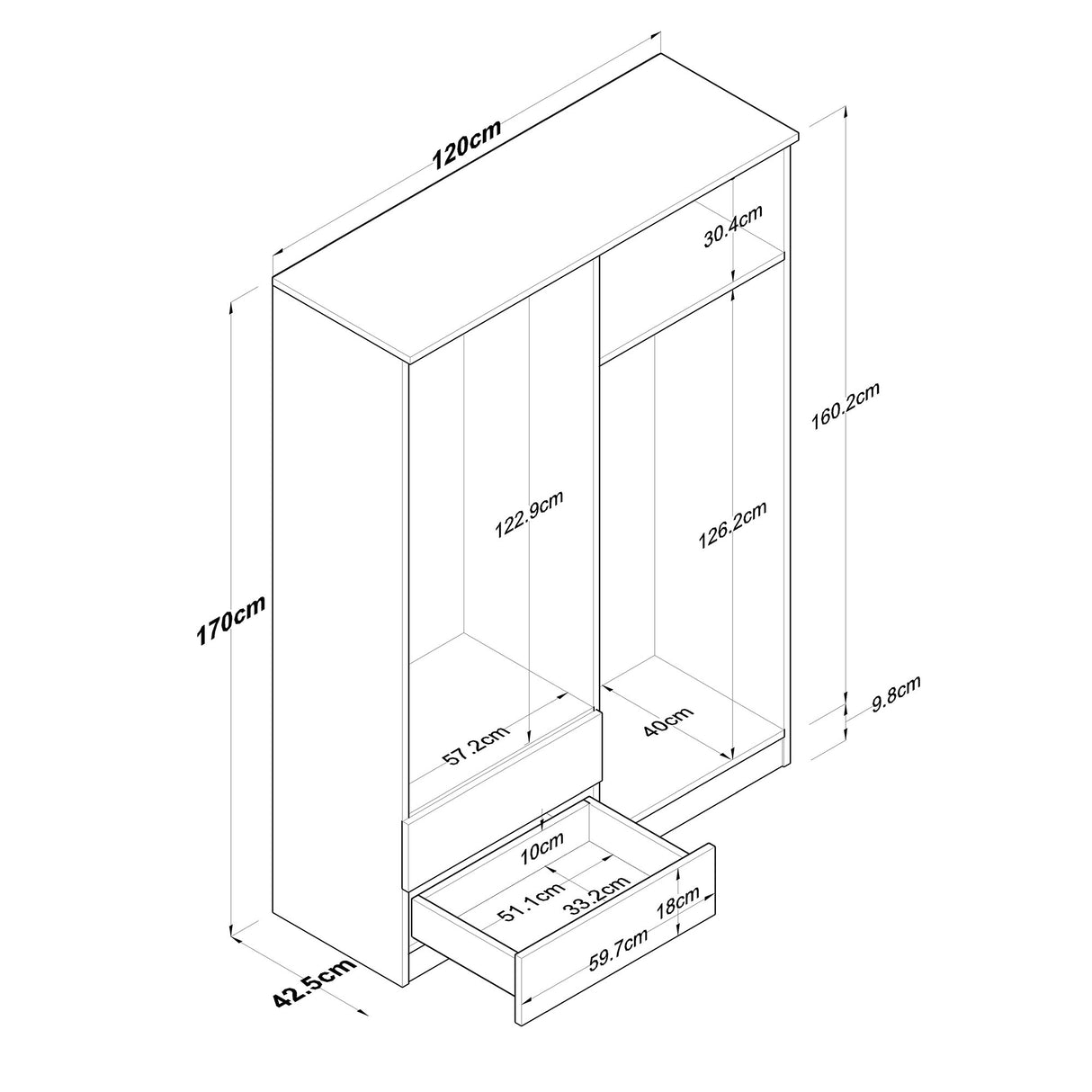 Kledingkast Walnoot Wit Melamine - Hang en leg - 120x170x42,5 cm - Aspen