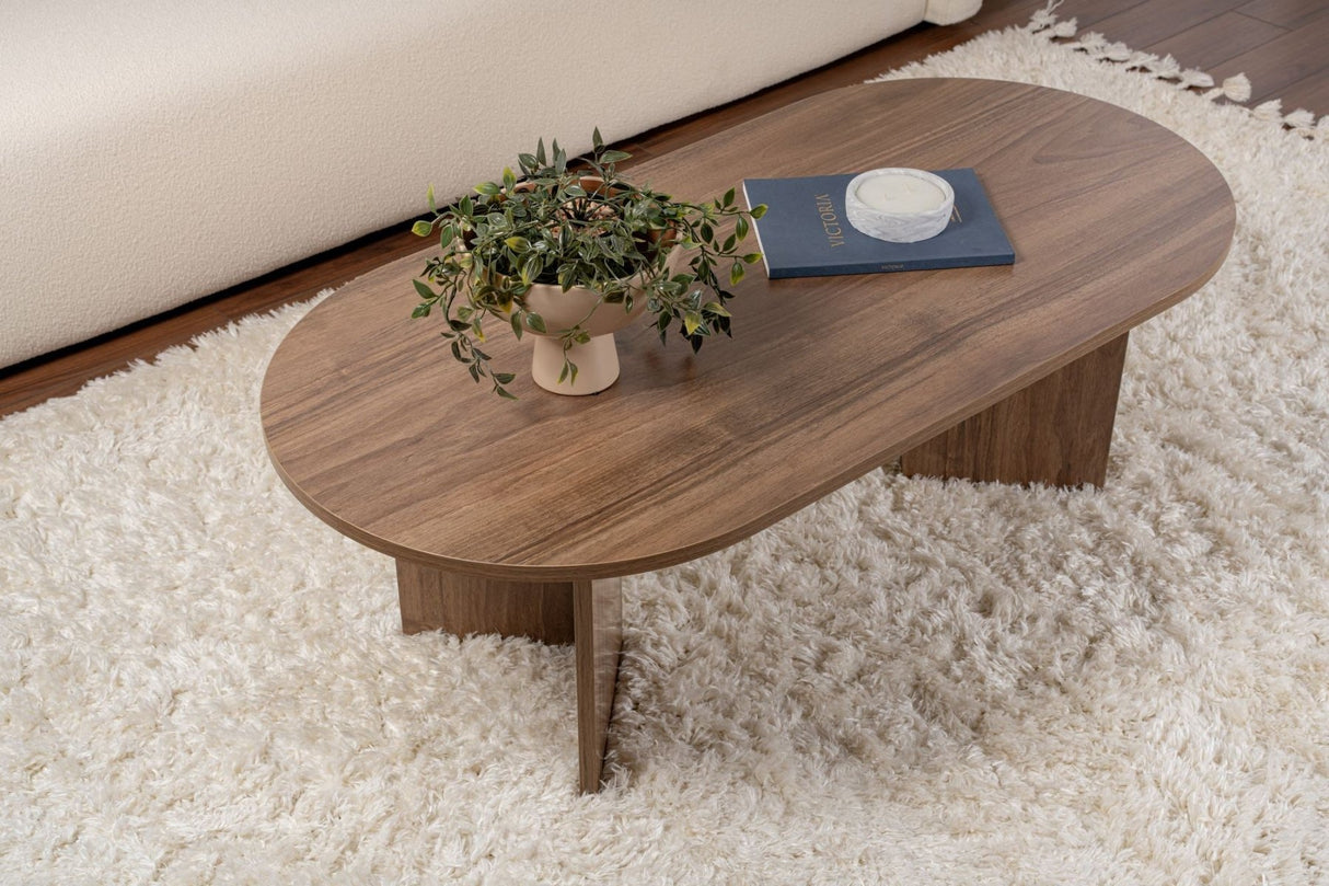 Salontafels - Ovale salontafel walnoot melamine - Japandi - 119x60 cm - Sota - Dimehouse