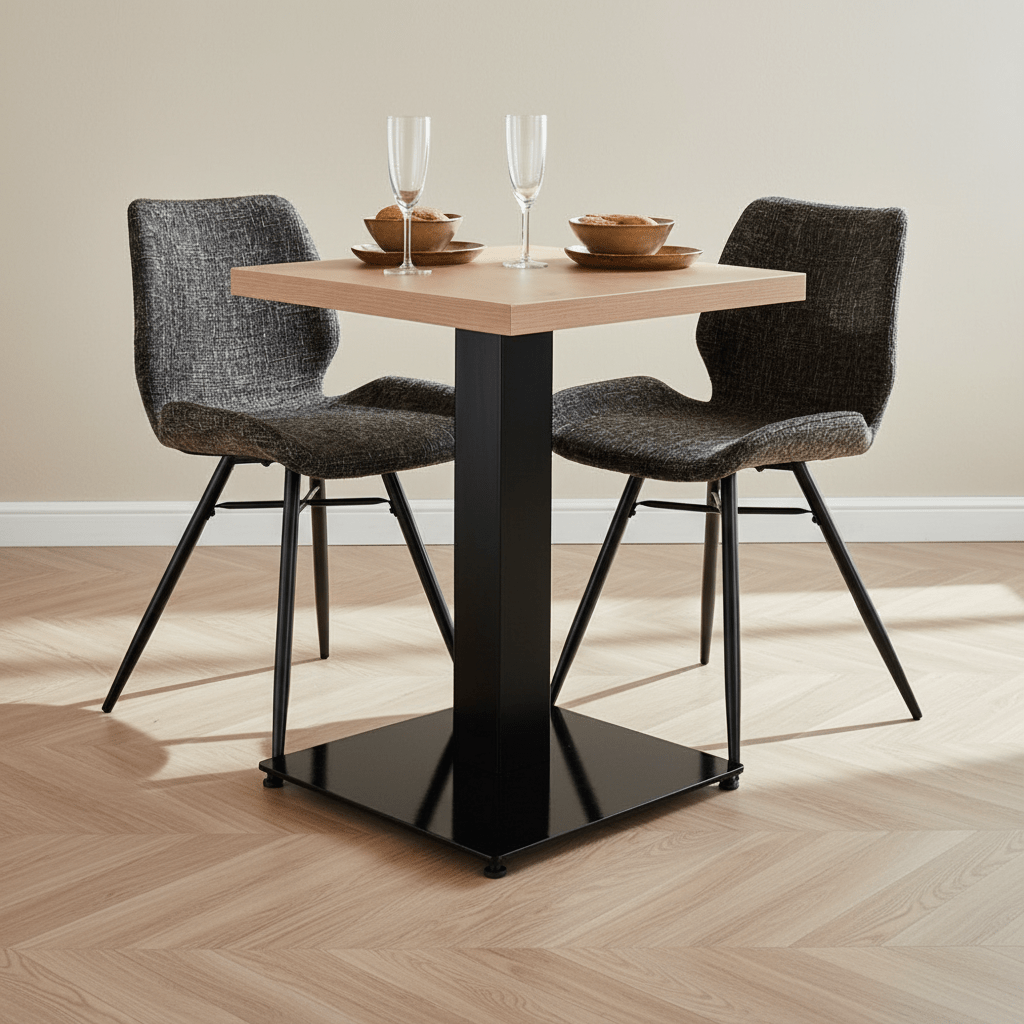 Bistrotafel Robin vierkant melamine rustiek eiken sfeerfoto in modern interieur