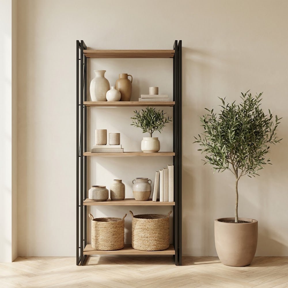 Industriële boekenkast dennenhout melamine zwart metaal Cosmo 60x180x35 cm