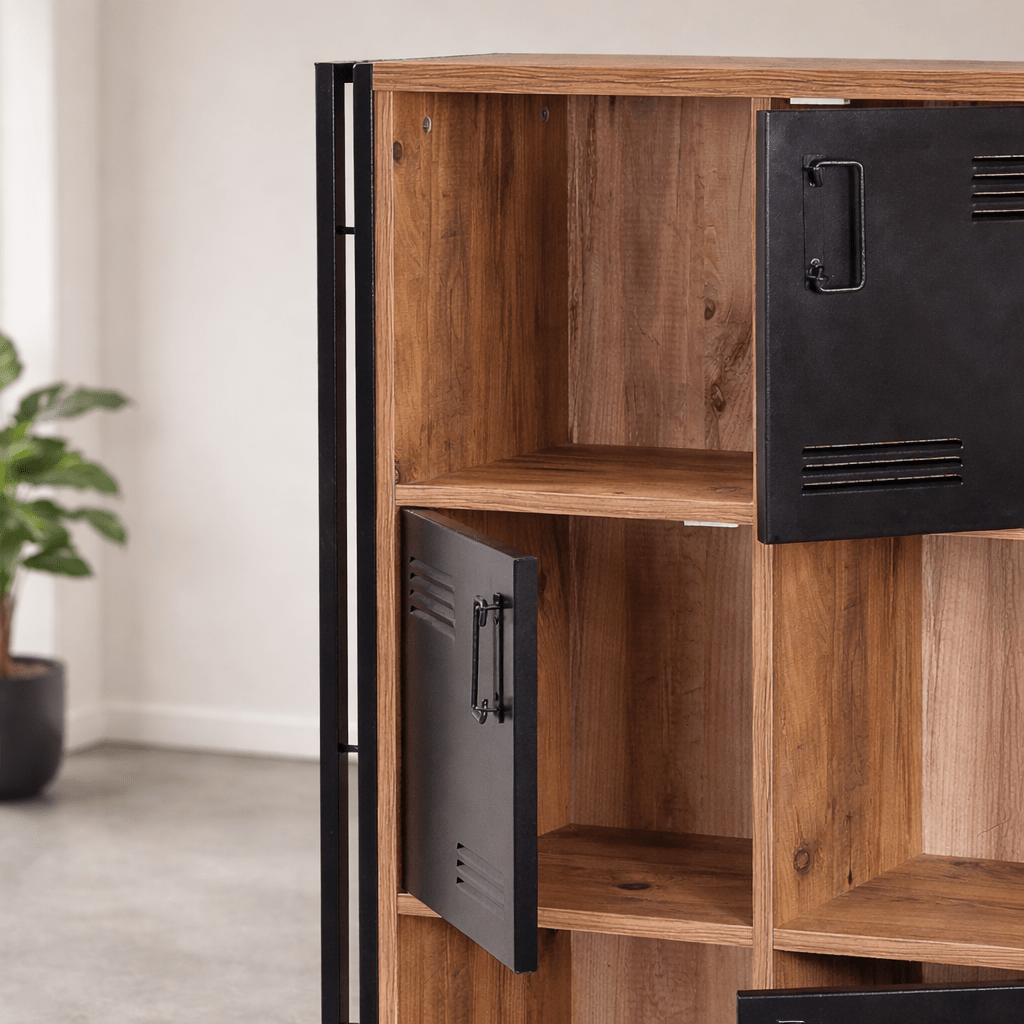 Industriële kast dennenhout melamine zwart metaal Cosmo 89x127x35 cm