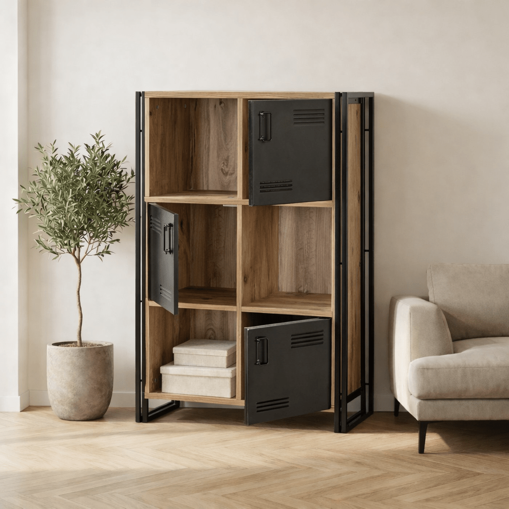 Industriële kast dennenhout melamine zwart metaal Cosmo 89x127x35 cm