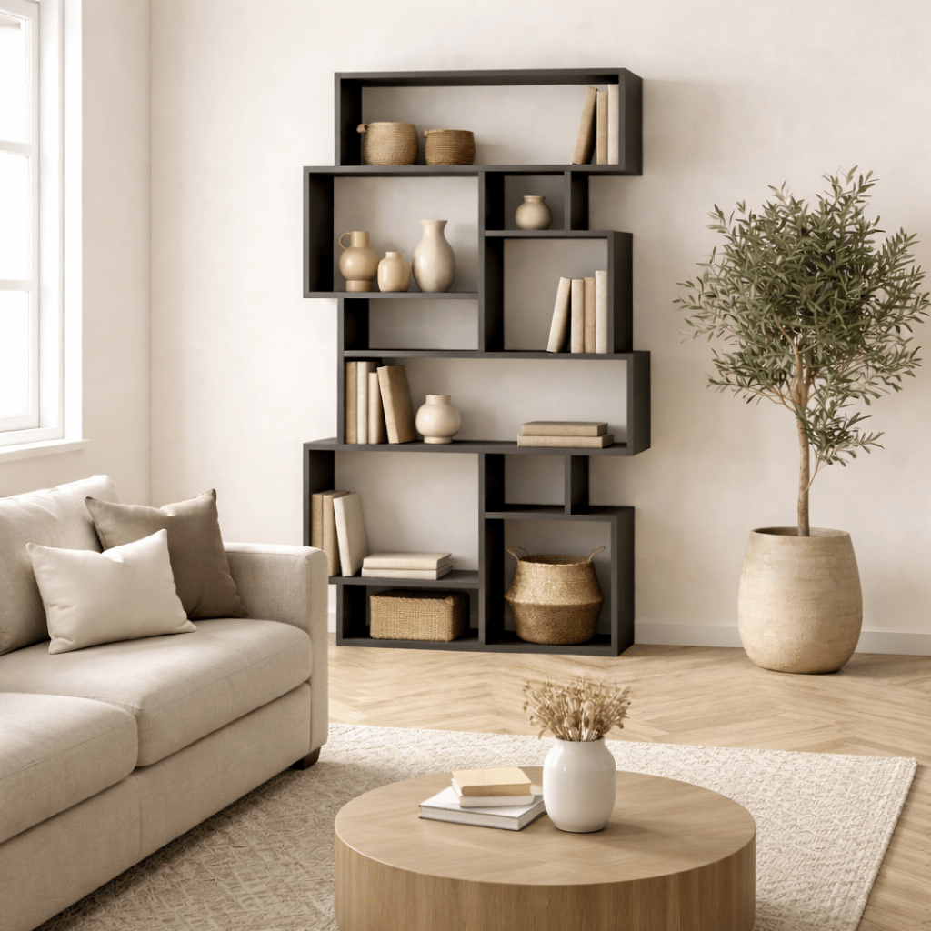 Asymmetrische boekenkast antraciet melamine Karmato 96x168,5x25,5 cm