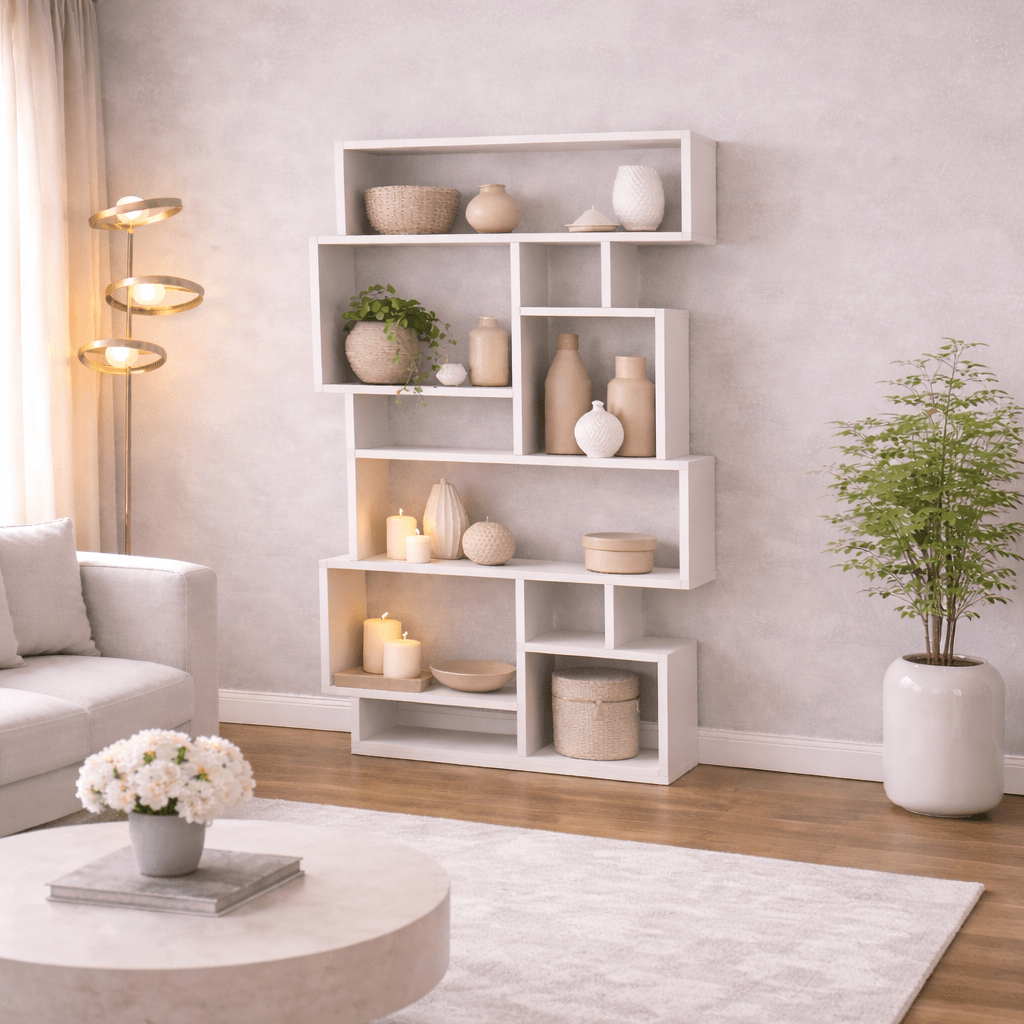 Asymmetrische boekenkast wit melamine Karmato 96x168,5x25,5 cm