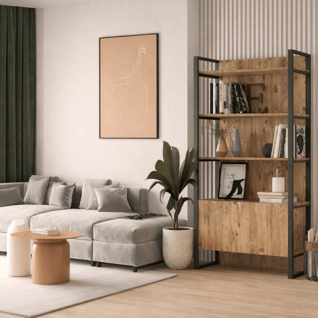 Industriële boekenkast met planken en gesloten opbergvak dennenhout melamine Lyra 90x180x34 cm