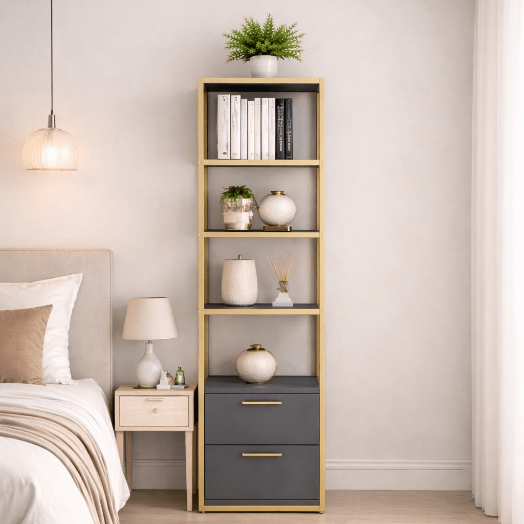 Boekenkasten - Boekenkast Robbins Gold Goud Antraciet Melamine 39x160x39 cm - Dimehouse