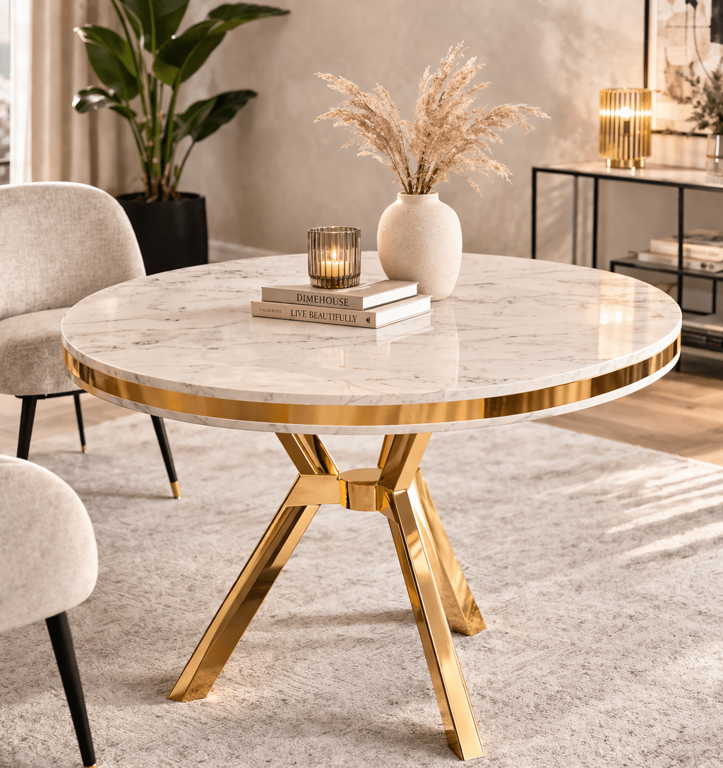 Eettafels - Eettafel wit rond marmerlook met goud - 90 cm doorsnee - Mos - Dimehouse