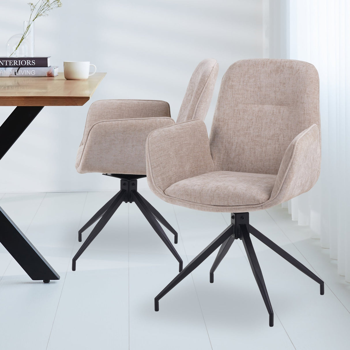 Set van 4 Draaibare Eetkamerstoelen Nela Chenille Beige - Met Armleuningen